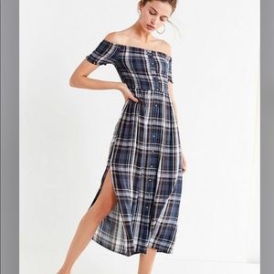 UO Blue Plaid Off the Shoulder Maxi Dress